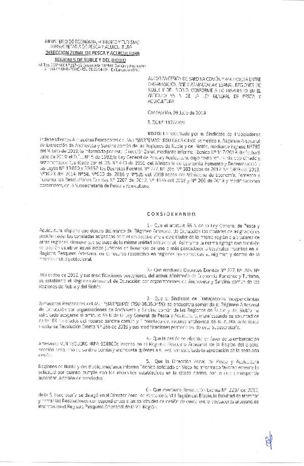 Res. Ex. N° 117-2019 (DZP VIII) Autoriza cesión Anchoveta y sardina común Regiones de Ñuble y del Biobío.