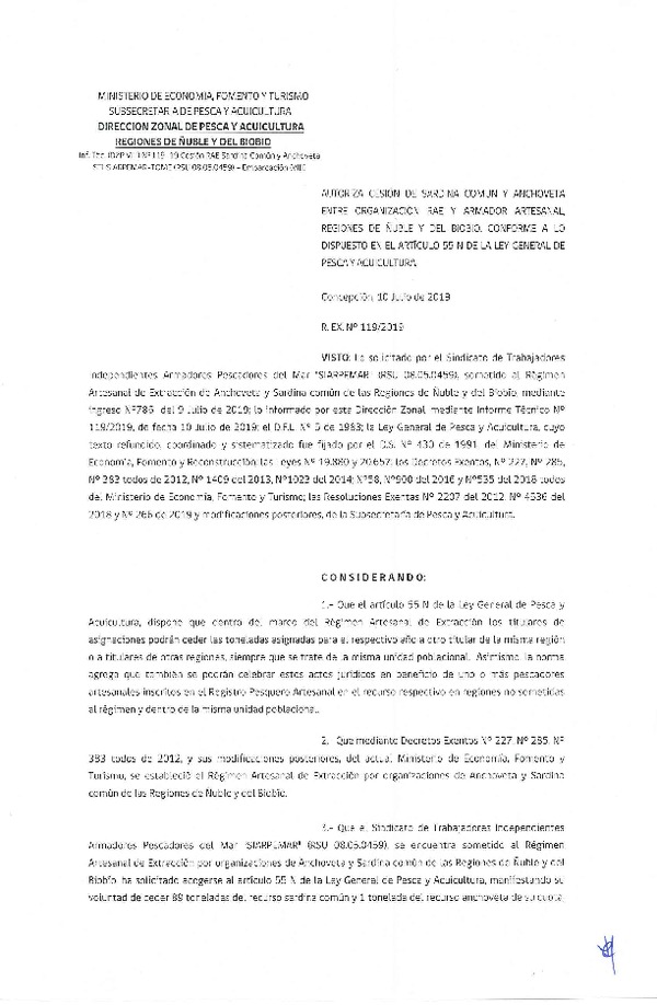 Res. Ex. N° 119-2019 (DZP VIII) Autoriza cesión Anchoveta y sardina común Regiones de Ñuble y del Biobío.