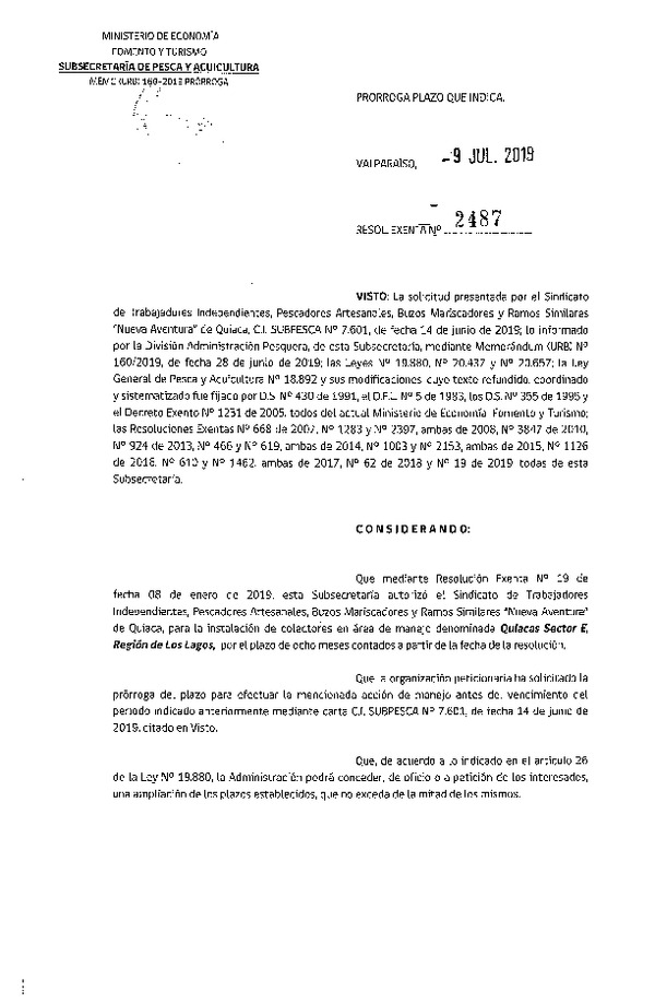 Res. Ex. N° 2487-2019 Prorroga Acción de Manejo.
