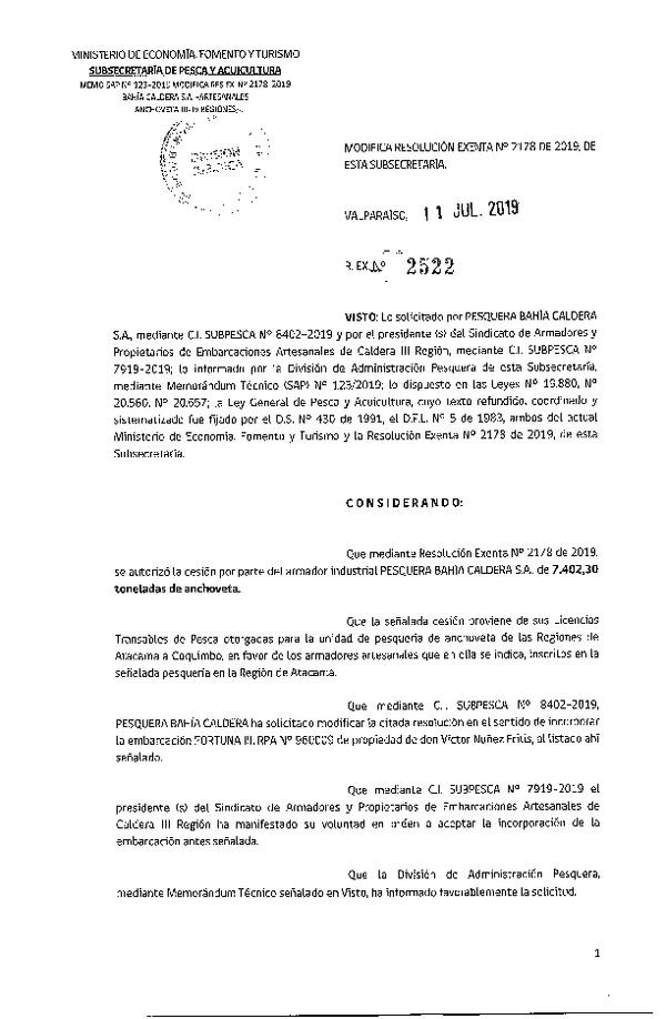 Res. Ex. N° 2522-2019 Modifica Res. Ex. N° 2178-2019 Autoriza cesión pesquería Anchoveta, Regiones de Atacama a Coquimbo.