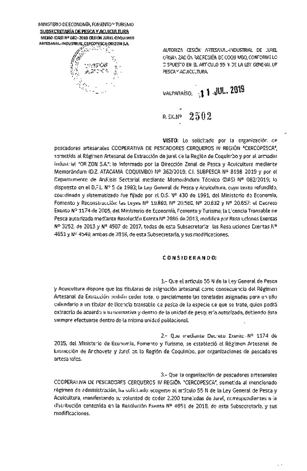 Res. Ex. N° 2502-2019 Cesión Jurel Región de Coquimbo.