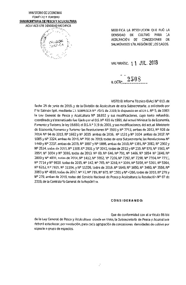 Res. Ex. N° 2508-2019 Modifica Res. Ex. N° 760-2019 Fija Densidad de Cultivo para la Agrupación de Concesiones de Salmónidos 17B, Región de Los Lagos. (Con Informe Técnico) (Publicado en Página Web 15-02-2019) (F.D.O. 22-07-2019)