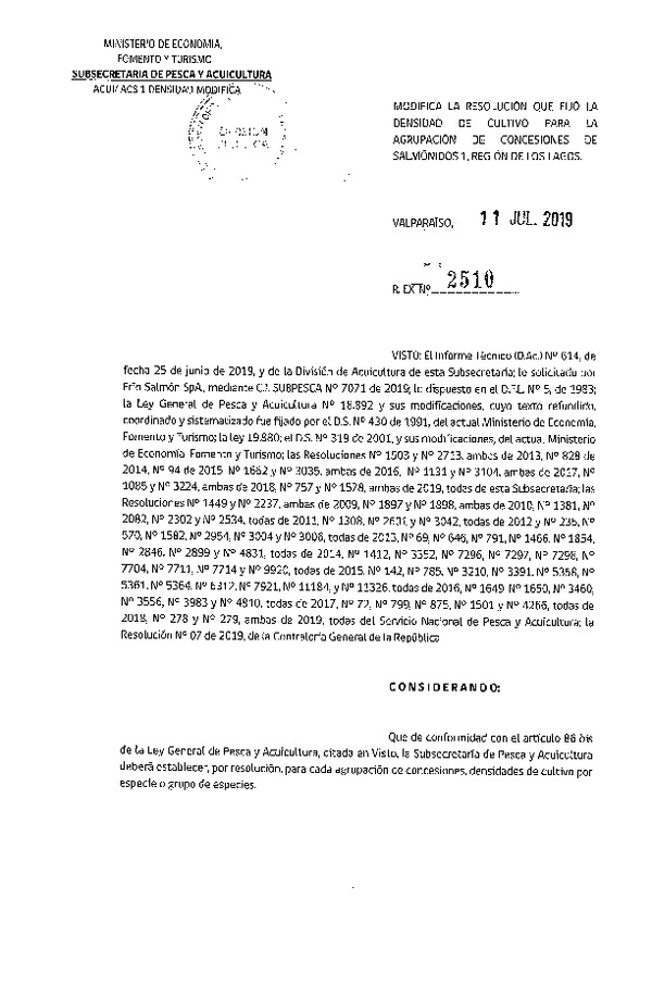 Res. Ex. N° 2510-2019 Modifica Res. Ex. N° 757-2019 Fija Densidad de Cultivo para la Agrupación de Concesiones de Salmónidos 1, Región de Los Lagos. (Con Informe Técnico) (Publicado en Página Web 29-04-2019) (F.D.O. 22-07-2019)