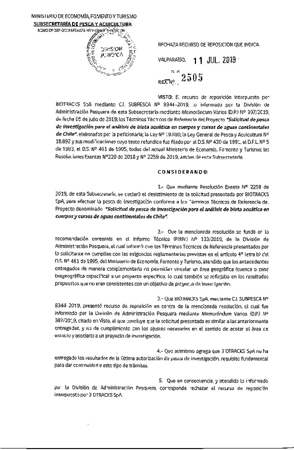 Res. Ex. N° 2505-2019 Rechaza recurso de reposición.