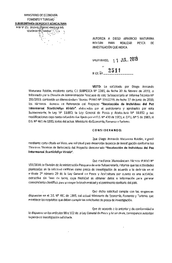 Res. Ex. N° 2511-2019 Recolección de individuos del pez intermareal. Scartichthys Viridis.