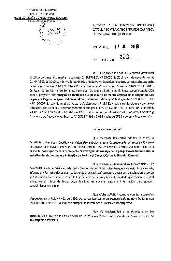 Res. Ex. N° 2524-2019 Estrategias de manejo de la pesquería de Venus antiqua.