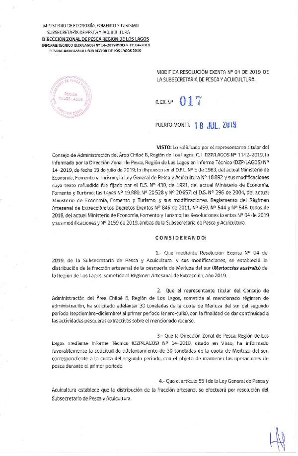 Res. Ex. N° 17-2019 (DZP Los Lagos) Modifica Res. Ex. N° 4-2019 Distribución de la Fracción Artesanal de Pesquería de Merluza del Sur por Área, Región de Los Lagos, año 2019. (Publicado en Página Web 18-07-2019)