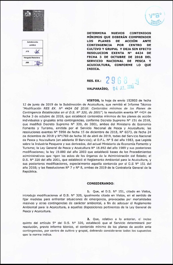 Res. Ex. N° 2968-2019 (Sernapesca) Determina nuevos contenidos mínimos que deberán comprender los planes de acción ante contingencia por centro de cultivo y grupal y deja sin efecto Res. Ex. N° 4424-2018 del Servicio Nacional de Pesca y Acuicultura, conforme lo que indica