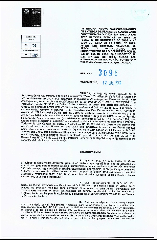 Res. Ex. N° 3096-2019 (Sernapesca) Determina nueva calendarización de entrega de planes de acción ante contingencia y deja sin efecto las Res. Ex. N° 5958-2018 y Res. Ex. N° 1769-2019, ambas del Servicio Nacional de Pesca y Acuicultura, en cumplimiento de lo dispuesto por el D.S. N° 151-2018, que modificó al D.S. N° 320-2001, ambos del Ministerio de Economía, Fomento y Turismo, conforme lo que indica