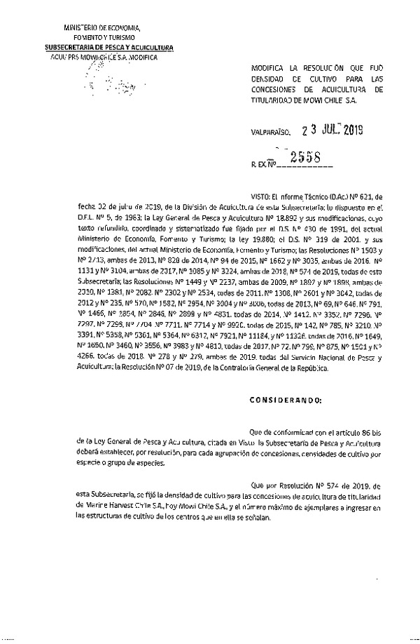 Res. Ex. N° 2558-2019 Modifica la Resolución que fijó densidad densidad de cultivo para las concesiones de acuicultura de titularidad de Mowi Chile S.A. (Con Informe Técnico) (Publicado en Página Web 23-07-2019)