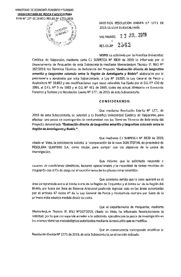 Res. Ex. N° 2562-2019 Modifica Res. Ex. N° 1771-2019, de esta Subsecretaría. (Publicado en Página Web 24-07-2019)