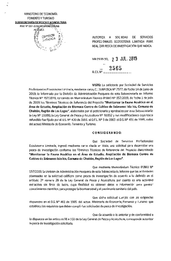 Res. Ex. N° 2565-2019 Autoriza a Sociedad de servicios profesionales Ecosistema Limitada para realizar pesca de investigación que indica. (Publicado en Página Web 24-07-2019)