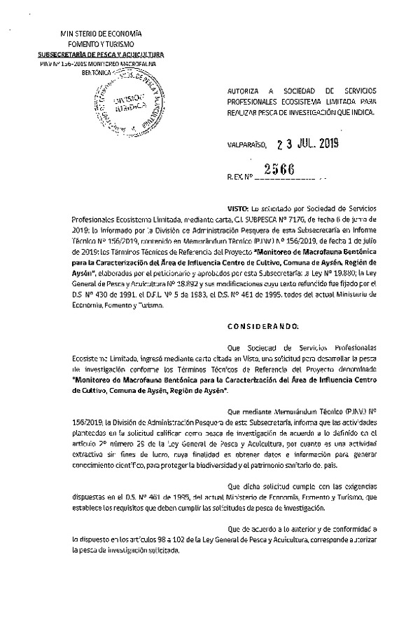 Res. Ex. N° 2566-2019 Autoriza a Sociedad de servicios profesionales Ecosistema Limitada para realizar pesca de investigación que indica. (Publicado en Página Web 24-07-2019)