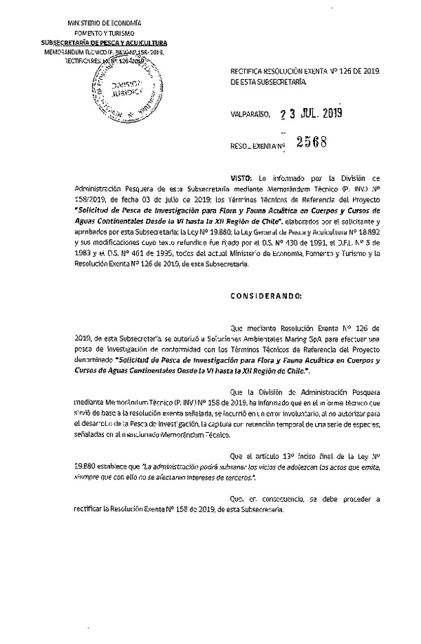 Res. Ex. N° 2566-2019 Autoriza a Sociedad de servicios profesionales Ecosistema Limitada para realizar pesca de investigación que indica. (Publicado en Página Web 24-07-2019)