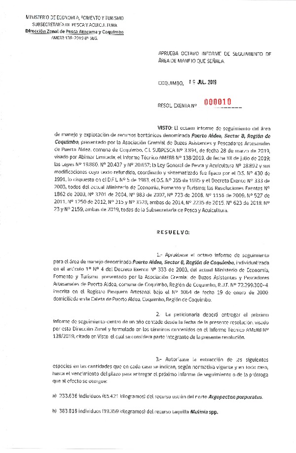 Res. Ex. N° 10-2019 Aprueba octavo informe de seguimiento de área de manejo que señala