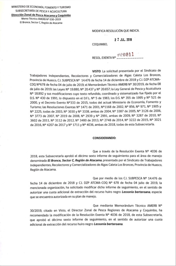 Res. Ex. N° 11-2019 Modifica resolución que indica