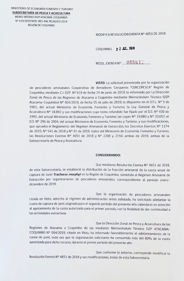 Res. Ex. N° 12-2019 Modifica Resolución Exenta N° 4651-2019. (Publicado en Página Web 24-07-2019)