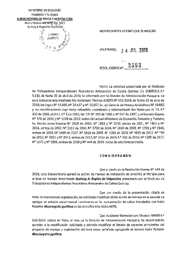 Res. Ex. N° 2593-2019 Modifica resoluciones que indica