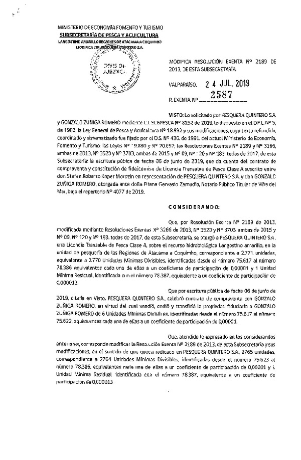 Res. Ex. N° 2587-2019 Modifica Resolución Exenta N° 2189-2013, de esta Subsecretaría. (Publicado en Página Web 25-07-2019)