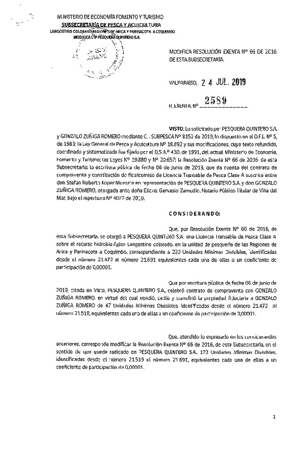 Res. Ex. N° 2589-2019 Modifica Resolución Exenta N° 66-2016, de esta Subsecretaría. (Publicado en Página Web 25-07-2019)