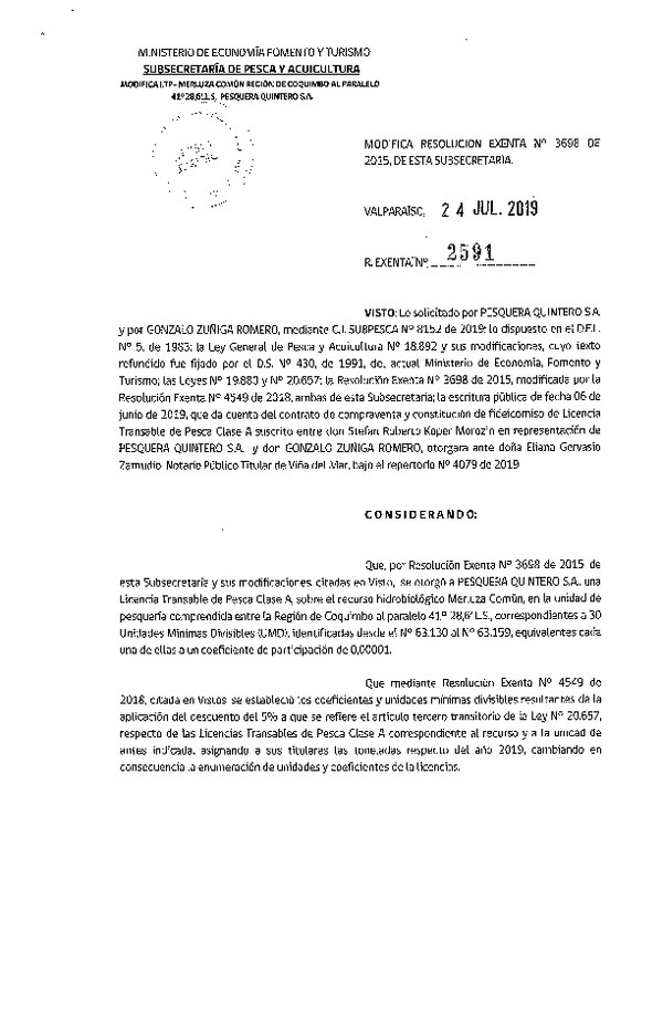 Res. Ex. N° 2591-2019 Modifica Resolución Exenta N° 3698-2015, de esta Subsecretaría. (Publicado en Página Web 25-07-2019)