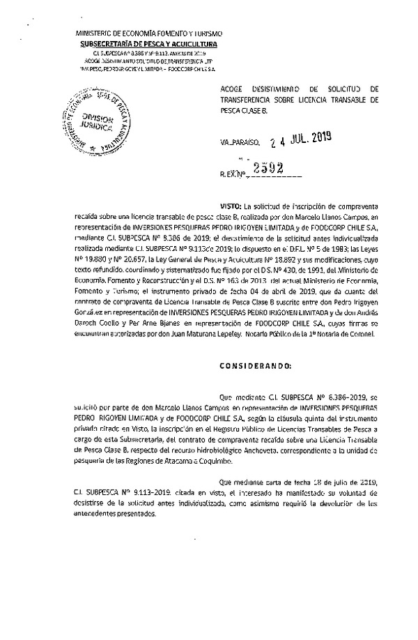 Res. Ex. N° 2592-2019 Acoge desistimiento de solicitud de transferencia sobre Licencia Transable de Pesca Clase B. (Publicado en Página Web 25-07-2019)