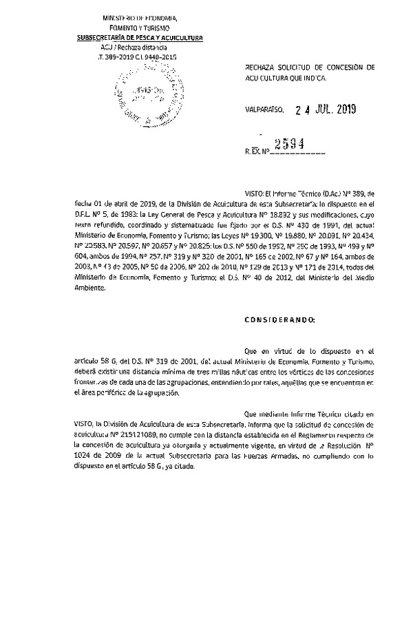 Res. Ex. N° 2594-2019 Rechaza solicitud de acuicultura que indica.