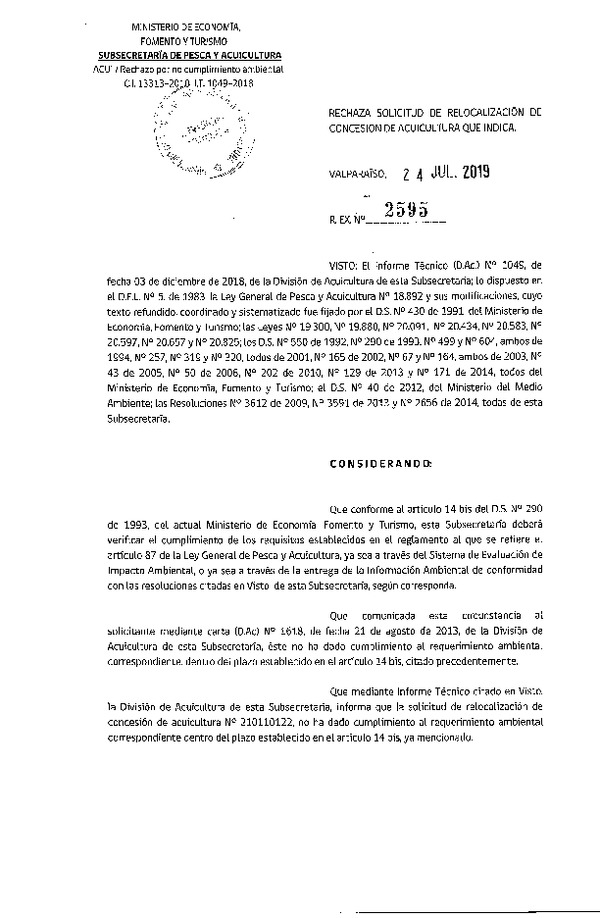 Res. Ex. N° 2595-2019 Rechaza solicitud de relocalización de concesión de acuicultura que indica.