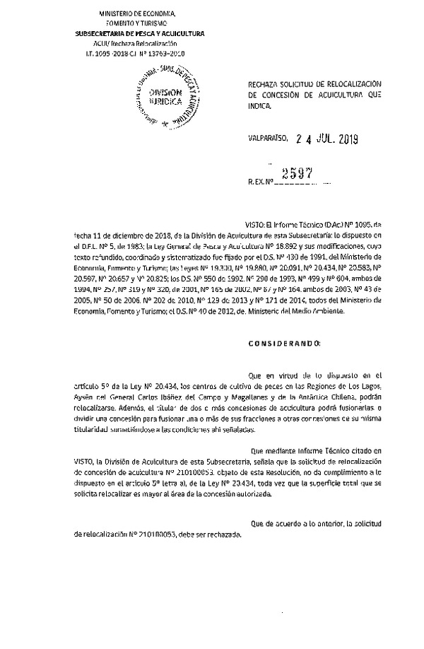 Res. Ex. N° 2597-2019 Rechaza solicitud de relocalización de concesión de acuicultura que indica.