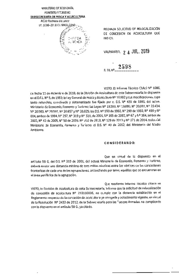 Res. Ex. N° 2598-2019 Rechaza solicitud de relocalización de concesión de acuicultura que indica.