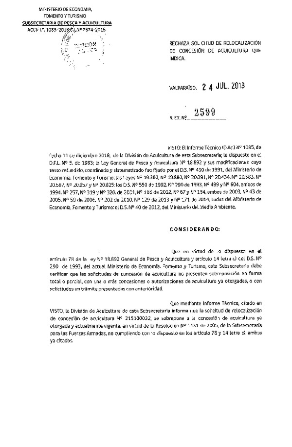 Res. Ex. N° 2599-2019 Rechaza solicitud de relocalización de concesión de acuicultura que indica.