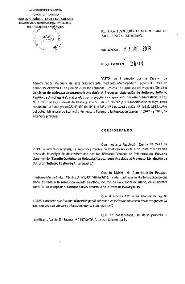 Res. Ex. N° 2604-2019 Rectifica Resolución Exenta N° 2447-2019, de esta Subsecretaría. (Publicado en Página Web 25-07-2019)