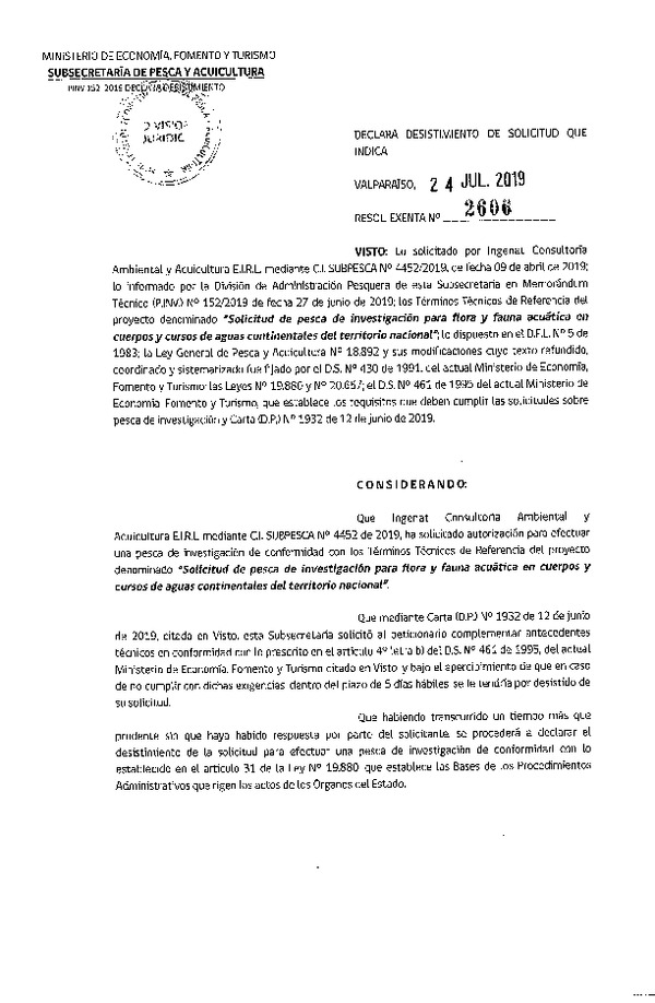 Res. Ex. N° 2606-2019 Declara desistimiento de solicitud que indica