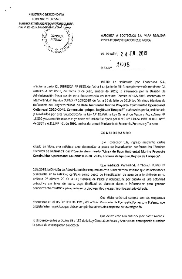 Res. Ex. N° 2608-2019 Autoriza a ECOTECNOS S.A. para realizar pesca de investigación que indica. (Publicado en Página Web 26-07-2019)