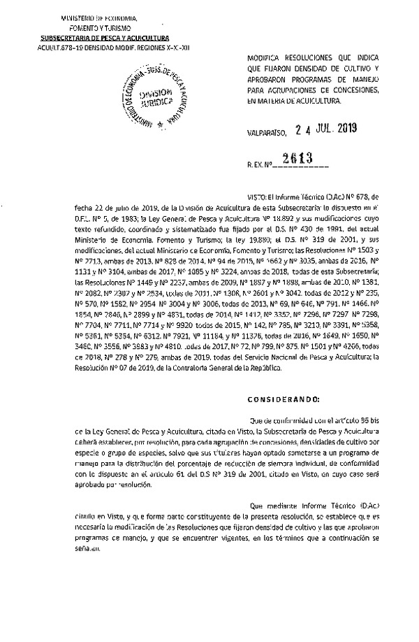 Res. Ex. N° 2613-2019 Modifica resoluniociones que indica que fijaron densidad densidad de cultivo y aprobaron programas de manejo para agrupaciones de concesiones, en materia de acuicultura. (Con Informe Técnico) (Publicado en Página Web 26-07-2019)