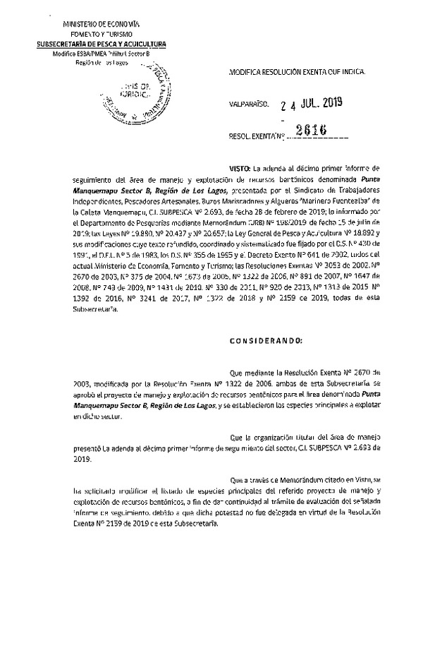 Res. Ex. N° 2616-2019 Modifica Resolución Exenta que indica