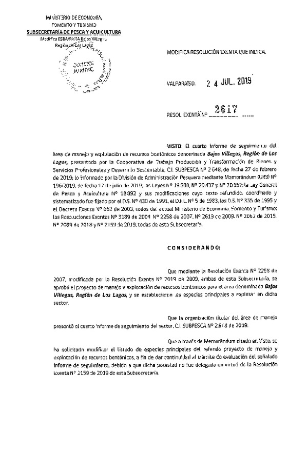 Res. Ex. N° 2617-2019 Modifica Resolución Exenta que indica