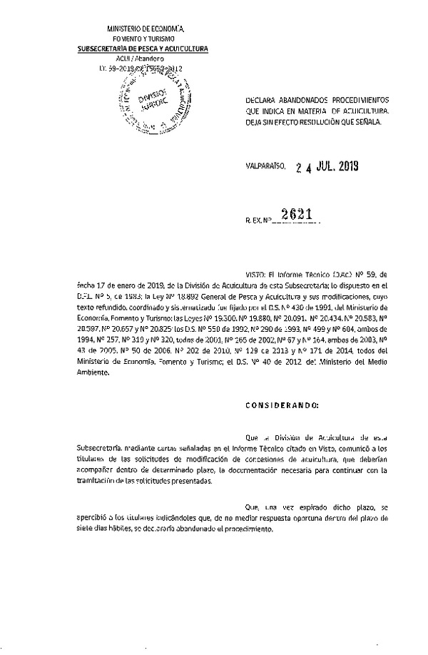 Res. Ex. N° 2621-2019 Declara abandonados procedimientos que indica en materia de acuicultura. Deja sin efecto resolución que señala.