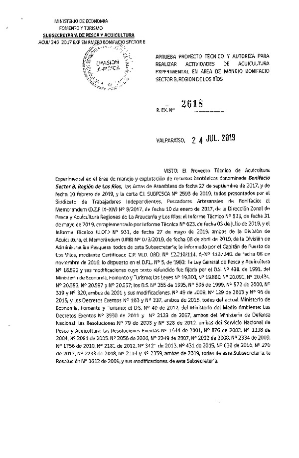 Res. Ex. N° 2618-2019 Aprueba proyecto técnico y autoriza para realizar actividades de acuicultura en área de manejo bonifacio Sector B, Región de Los Ríos. (Publicado en Página Web 26-07-2019)