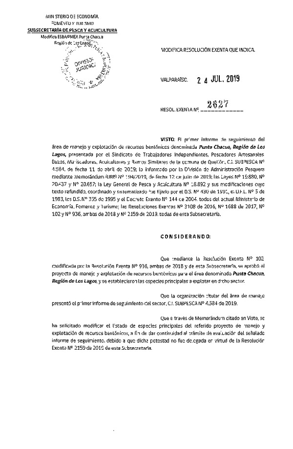 Res. Ex. N° 2627-2019 Modifica Resolución Exenta que indica