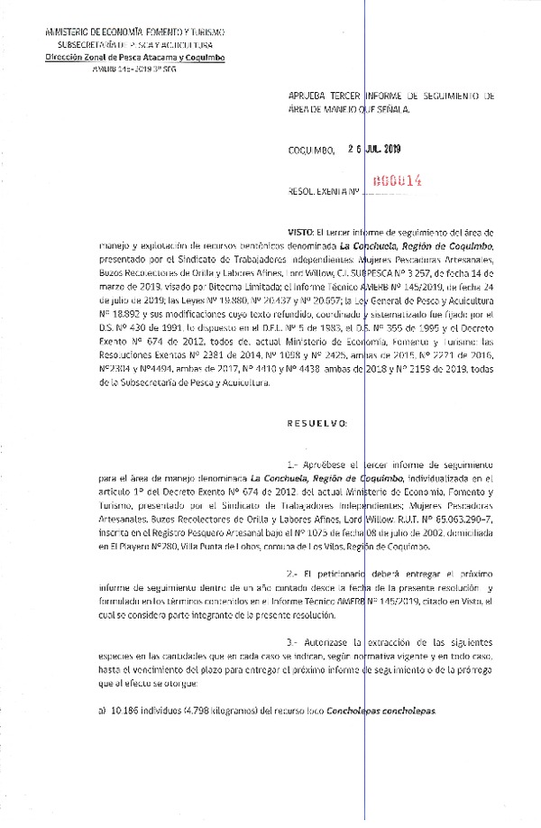 Res. Ex. N° 14-2019 Aprueba tercer informe de seguimiento de Área de manejo que señala.