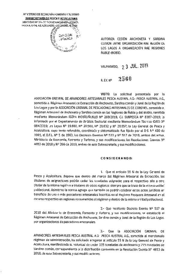 Res. Ex. N° 2560-2019 Autoriza cesión anchoveta y sardina común Región de de Los Lagos a Regiones Ñuble-Biobío .