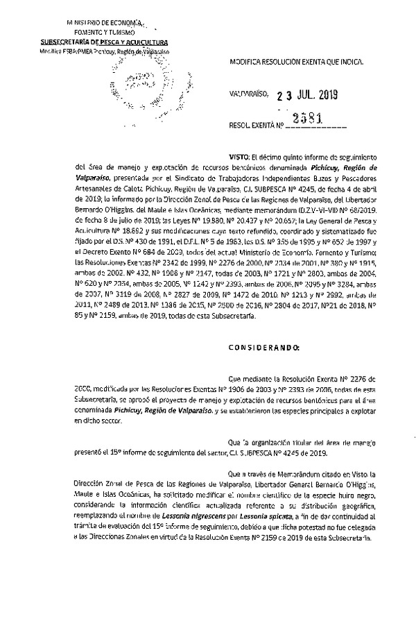 Res. Ex. N° 2581-2019 Modifica Resolución Exenta que indica