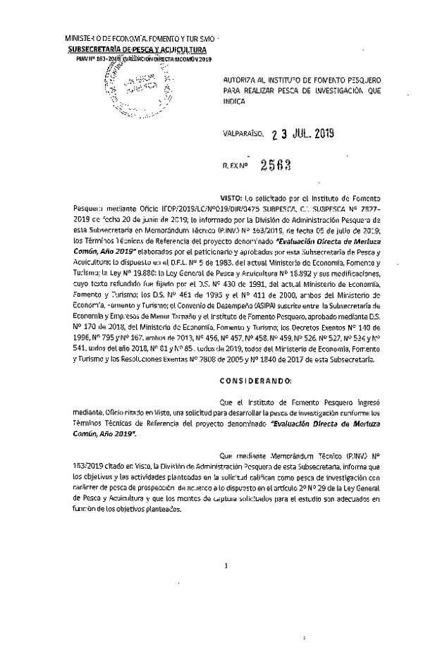 Res. Ex. N° 2563-2019 Evaluación directa de Merluza común, año 2019.