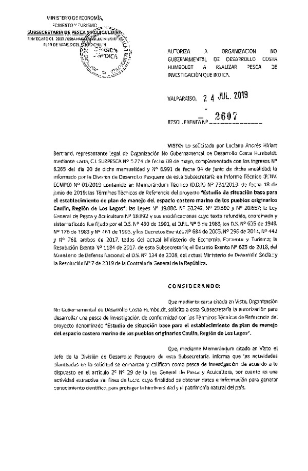 Res. Ex. N° 2607-2019 Estudio de situación base para establecimiento de plan de manejo de ECMPO, Región de Los Lagos.