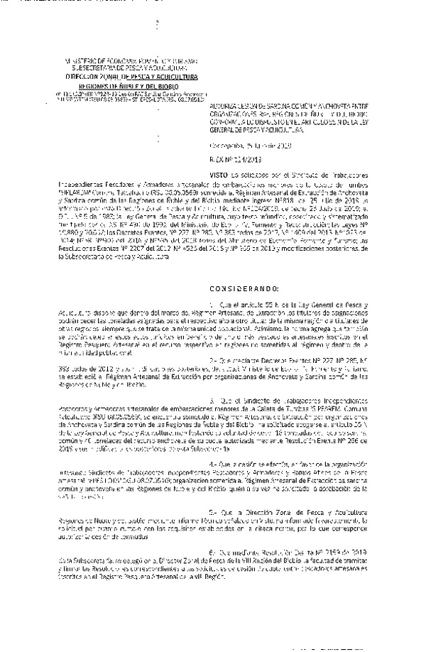 Res. Ex. N° 124-2019 (DZP VIII) Autoriza cesión Anchoveta y sardina común Regiones de Ñuble y del Biobío.