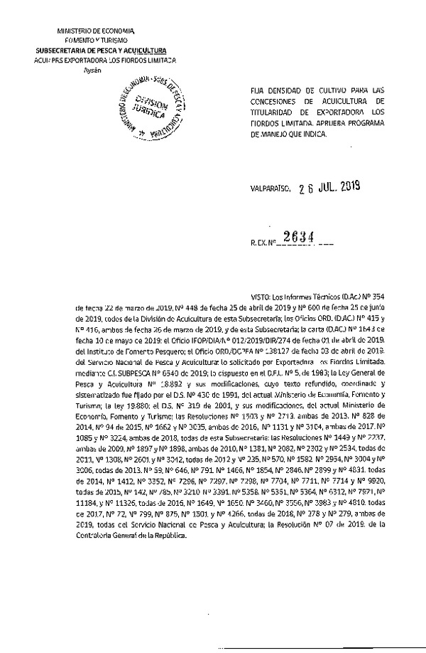 Res. Ex. N° 2634-2019 Fija Densidad de Cultivo para la Agrupación de Concesiones de Los Fiordos Limitada, Región de Aysén. (Con Informe Técnico) (Publicado en Página Web 30-07-2019)