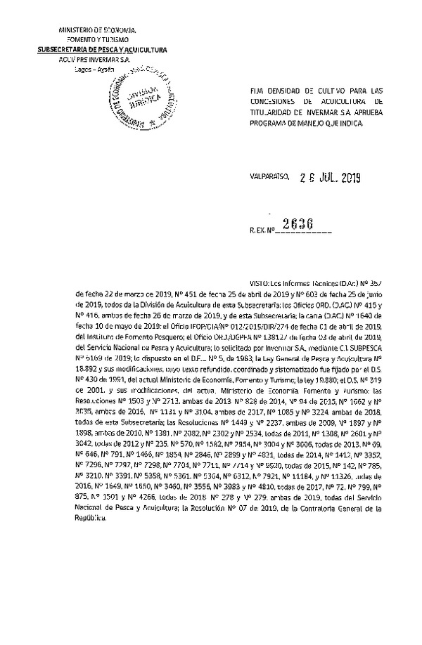 Res. Ex. N° 2636-2019 Fija Densidad de Cultivo para la Agrupación de Concesiones de Invermar S.A.(Con Informe Técnico) (Publicado en Página Web 30-07-2019)