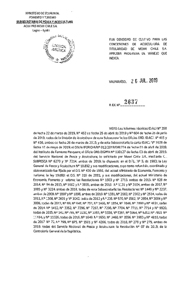 Res. Ex. N° 2637-2019 Fija Densidad de Cultivo para la Agrupación de Concesiones de Mowi Chile S.A.(Con Informe Técnico) (Publicado en Página Web 30-07-2019)