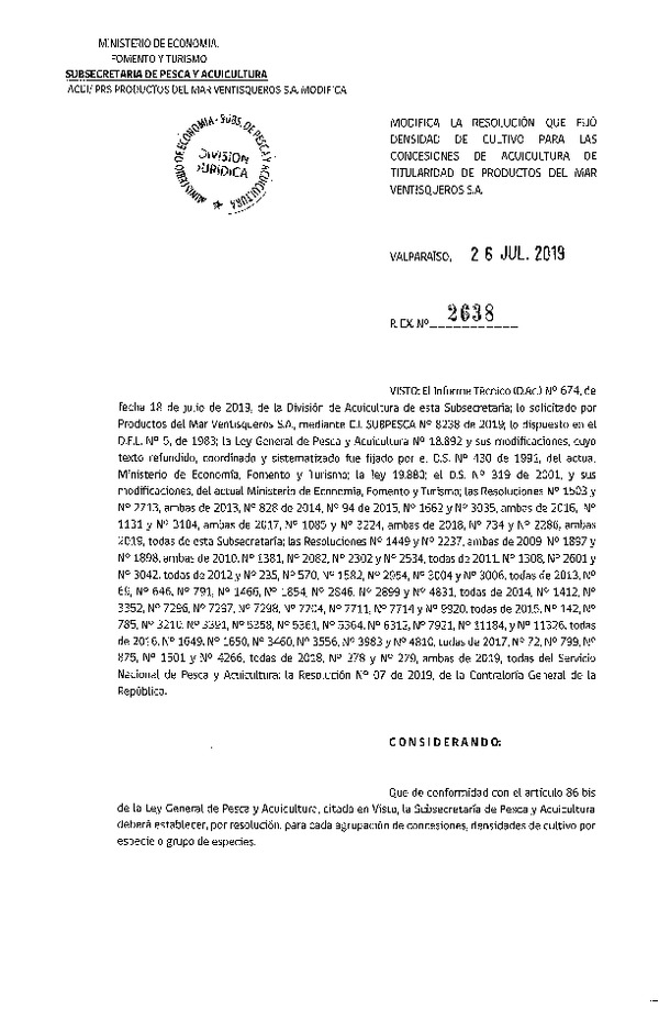 Res. Ex. N° 2638-2019 Fija Densidad de Cultivo para la Agrupación de Concesiones de Productos del Mar Ventisqueros S.A.(Con Informe Técnico) (Publicado en Página Web 30-07-2019)